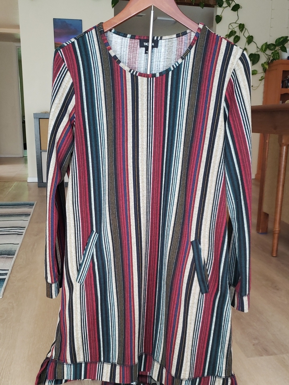 Striped Long Sleeve Shift Dress in Multi-Color With Pockets